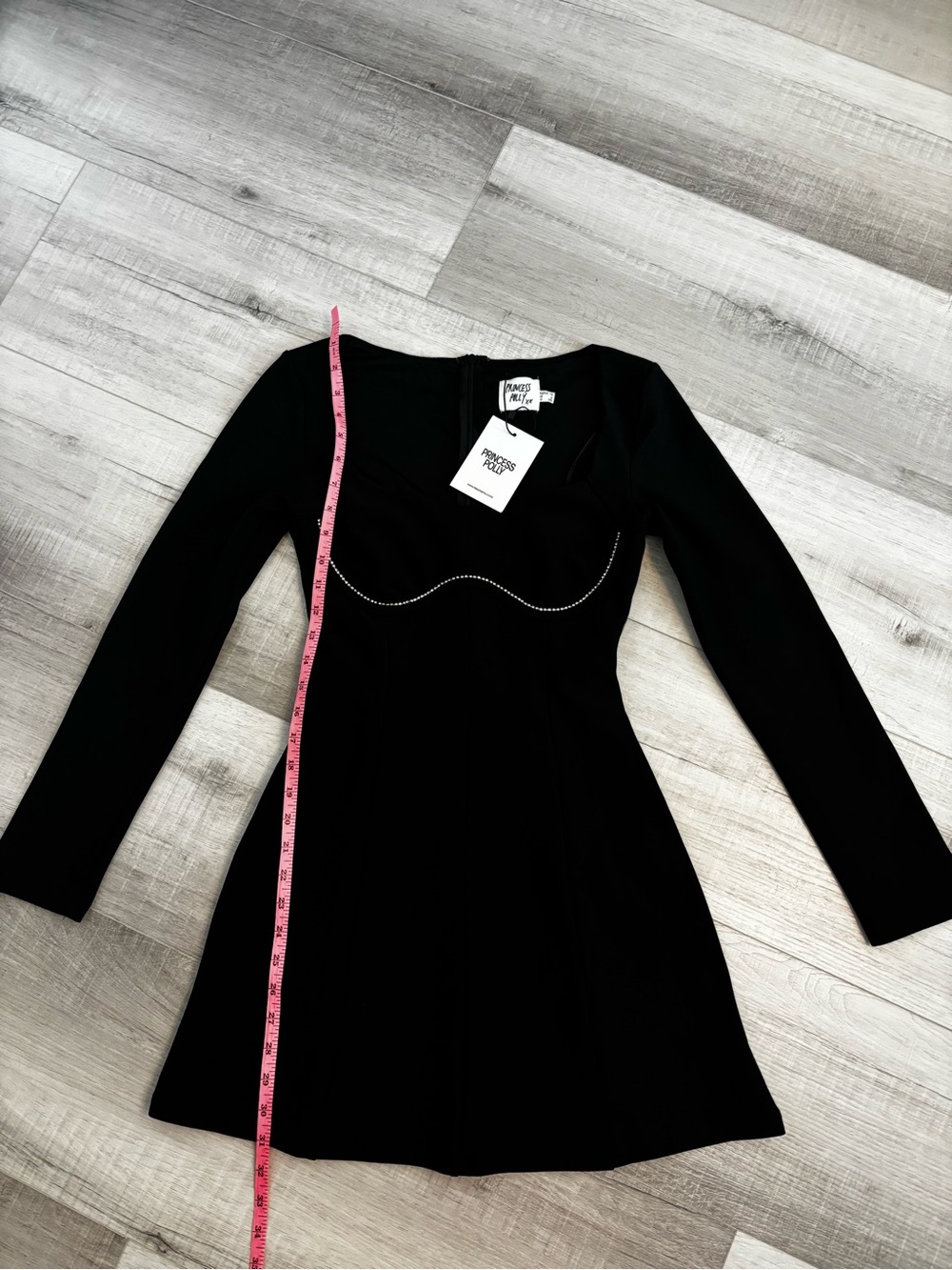 Princess Polly Black Rhinestone Trim Long Sleeve Mini Dress Size 6 - Picture 8 of 11